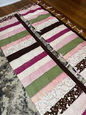 Striped Pink, Green & Brown Patchwork Curtain Panel Set